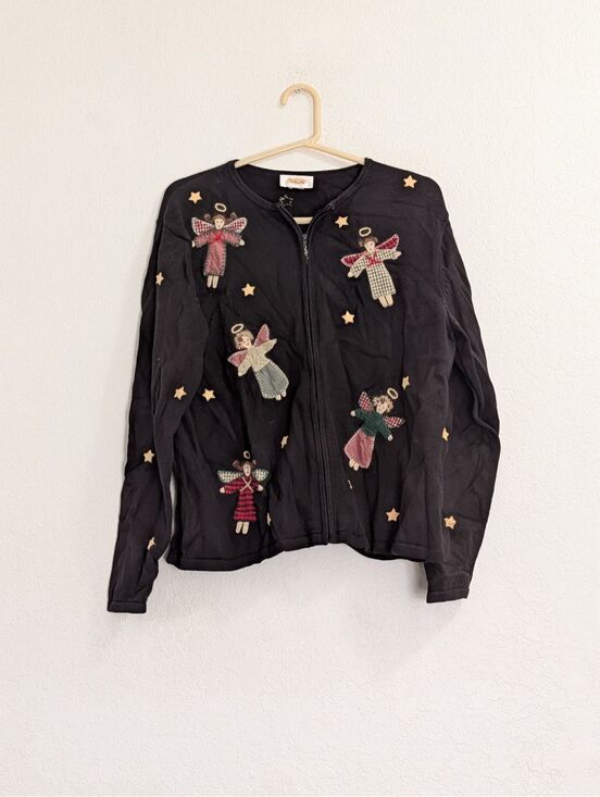 Talbots Sweaters - Vtg 90s Granny Christmas Sweater Cardigan Zip Angel Doll Star Grandma Teacher XL